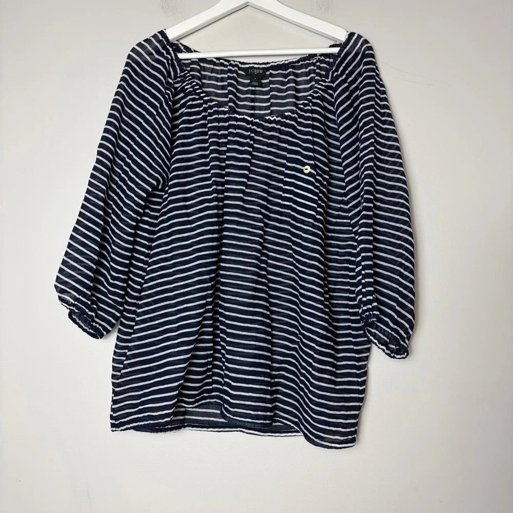J.‎ Crew Navy Striped Sheer Boat Neck Three Quarter Sleeve Top Women's Large